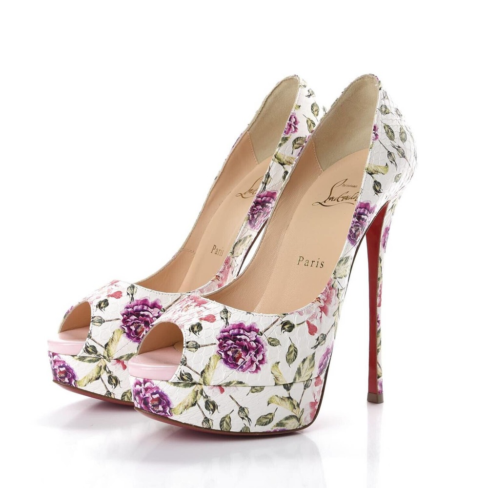 NIB LOUBOUTIN FETISH PEEP TOE 150 LATTE WATERSNAKE FLORAL PLATFORM PUMPS 40